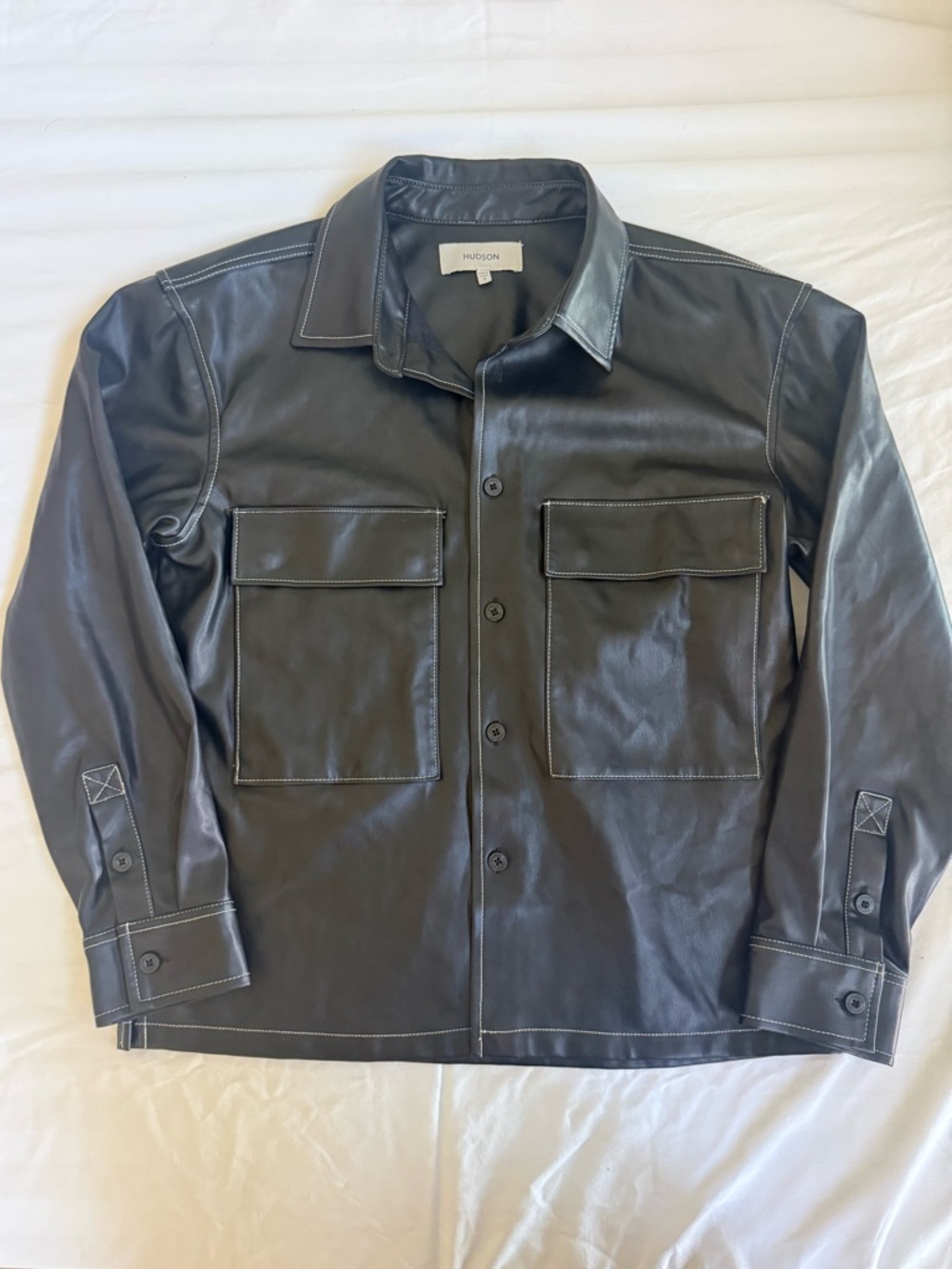 Hudson Jeans Black Faux Leather Utility Shirt Jacket with Contrast Stitching S